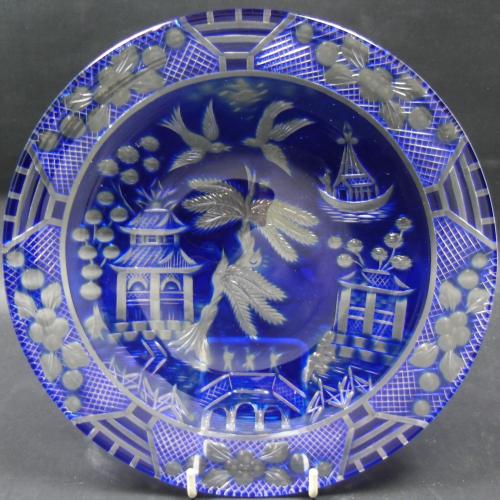 Blue over crystal glass plate Willow pattern English circa 1890