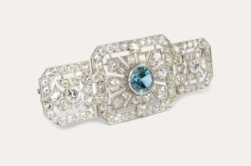 1920s diamond and blue zircon panel brooch