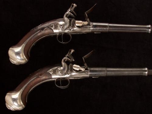 Fine pair of large flintlock super imposed Queen Anne holster pistols by James Freeman. English, date circa 1705. Ref: 16678.