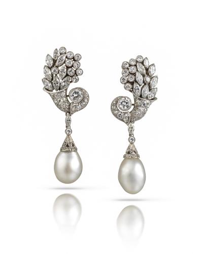A Pair of Natural Pearl and Diamond Drop Earrings