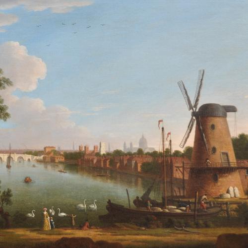 PIETER TILLEMANS A view of the Thames looking east with Westminster Bridge in the distance, Randalls’ Mill in Nine Elms in the right foreground, Lambeth Palace and St Paul’s beyond with Westminster Abbey on the left