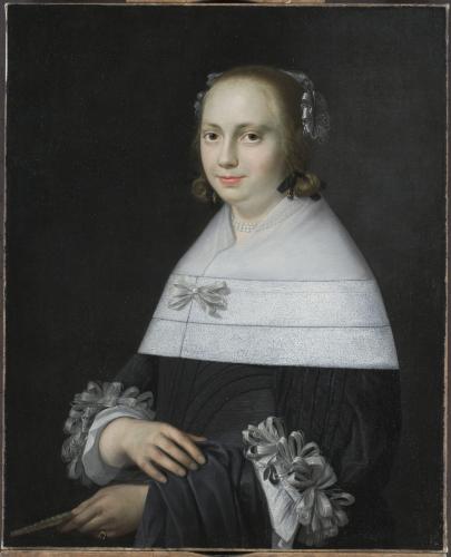 Portrait of a young lady holding a fan, oil on canvas.  Province of South Holland, circa 1660.